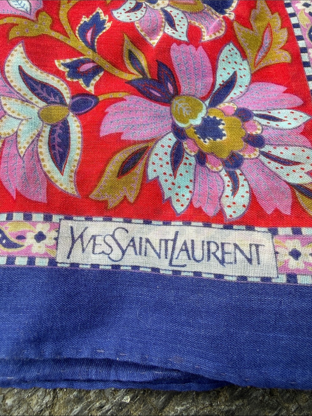 Yves Saint Laurent Red Floral Silk Scarf with Navy Border - Picture 2 of 9